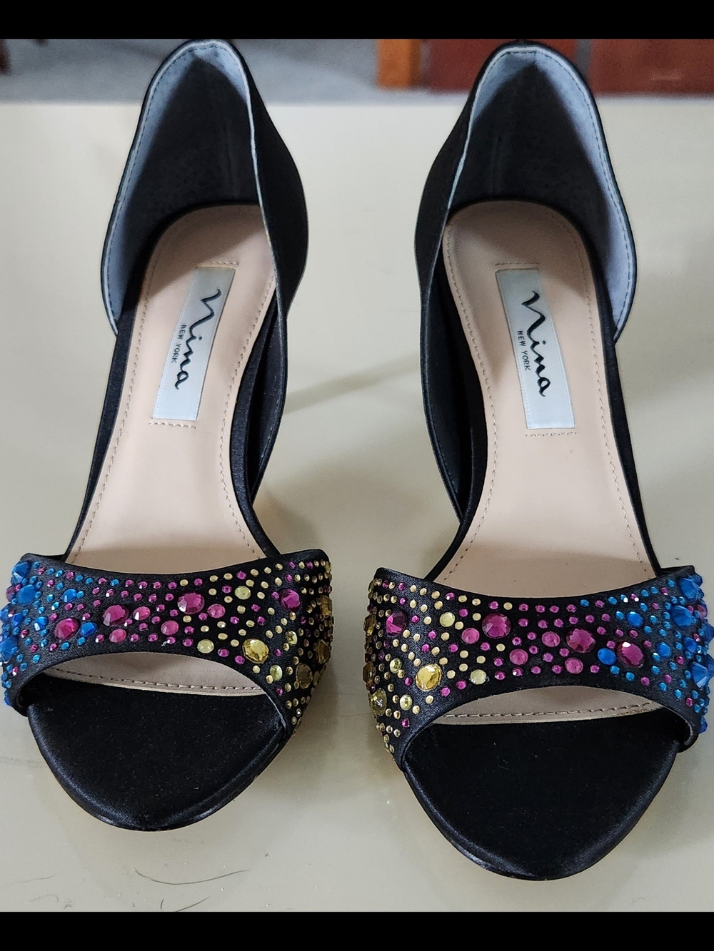 Nina Black Open-Toe Heels with Multicolor Gem Accents